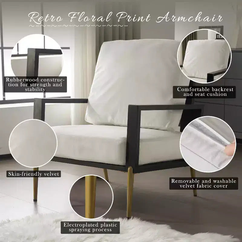 Mid-Century Modern Velvet Arm Chair – Metal & Rubberwood Frame