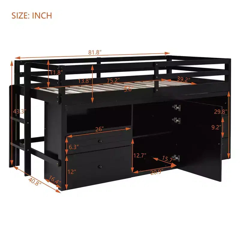 Twin Size Loft Bed with 4 Drawers, Underneath Cabinet & Shelves – 81.8" x 40.8" Modern Design
