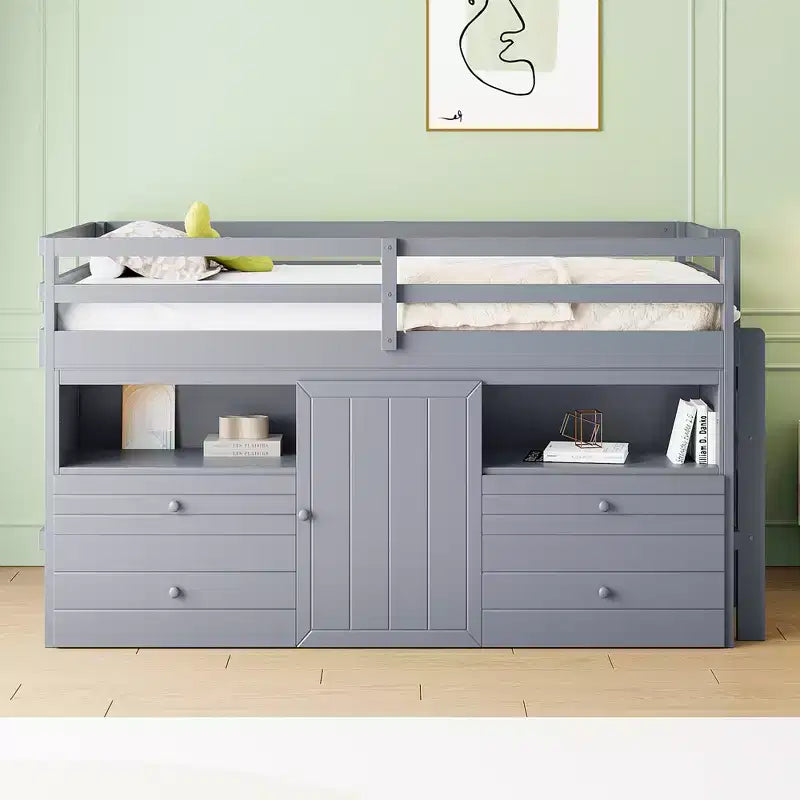 Twin Size Loft Bed with 4 Drawers, Underneath Cabinet & Shelves – 81.8" x 40.8" Modern Design