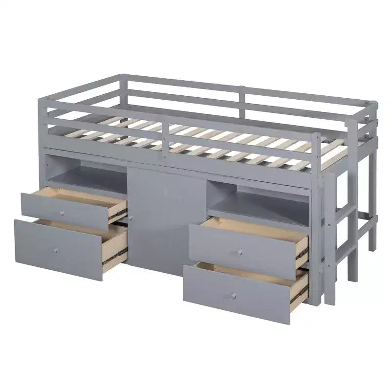 Twin Size Loft Bed with 4 Drawers, Underneath Cabinet & Shelves – 81.8" x 40.8" Modern Design