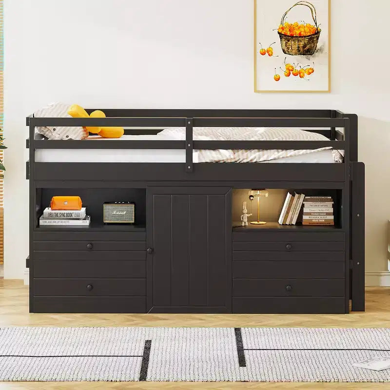 Twin Size Loft Bed with 4 Drawers, Underneath Cabinet & Shelves – 81.8" x 40.8" Modern Design