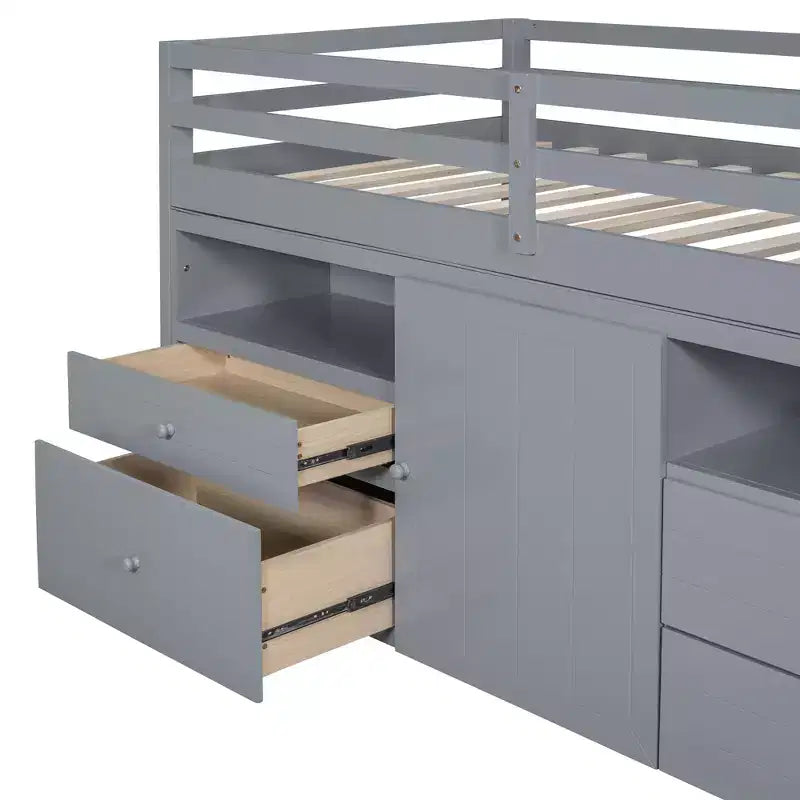 Twin Size Loft Bed with 4 Drawers, Underneath Cabinet & Shelves – 81.8" x 40.8" Modern Design