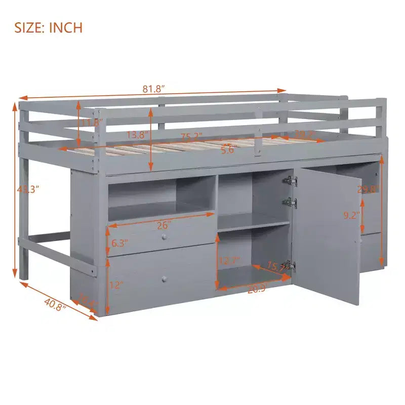 Twin Size Loft Bed with 4 Drawers, Underneath Cabinet & Shelves – 81.8" x 40.8" Modern Design