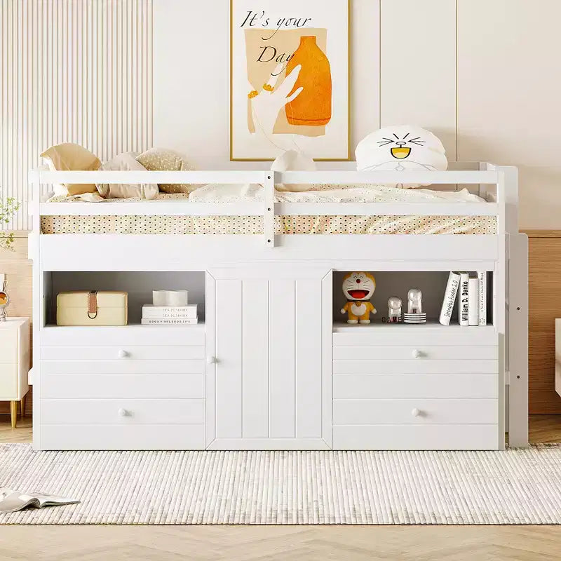 Twin Size Loft Bed with 4 Drawers, Underneath Cabinet & Shelves – 81.8" x 40.8" Modern Design