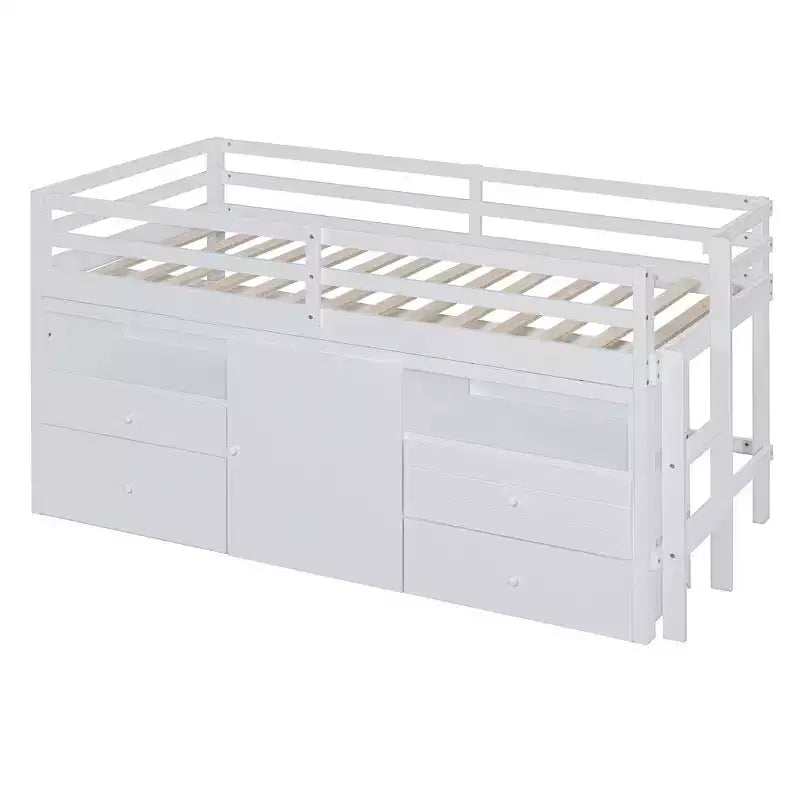 Twin Size Loft Bed with 4 Drawers, Underneath Cabinet & Shelves – 81.8" x 40.8" Modern Design