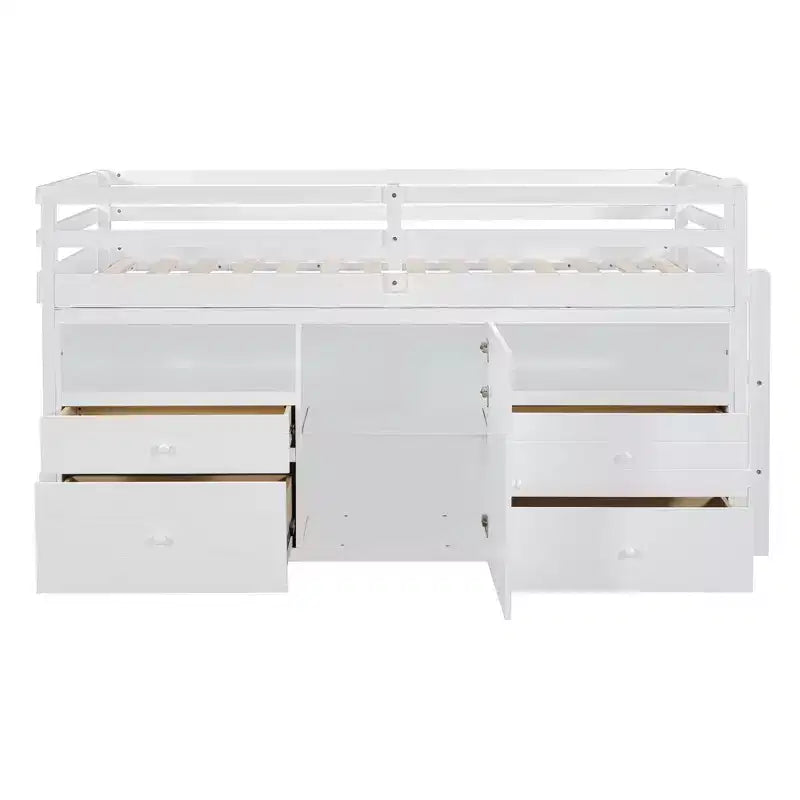 Twin Size Loft Bed with 4 Drawers, Underneath Cabinet & Shelves – 81.8" x 40.8" Modern Design