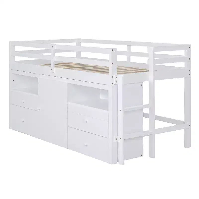 Twin Size Loft Bed with 4 Drawers, Underneath Cabinet & Shelves – 81.8" x 40.8" Modern Design