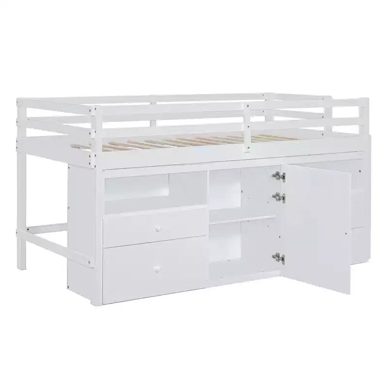 Twin Size Loft Bed with 4 Drawers, Underneath Cabinet & Shelves – 81.8" x 40.8" Modern Design