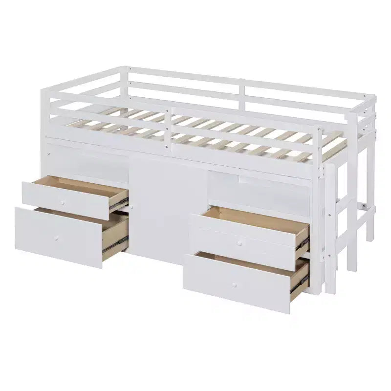 Twin Size Loft Bed with 4 Drawers, Underneath Cabinet & Shelves – 81.8" x 40.8" Modern Design