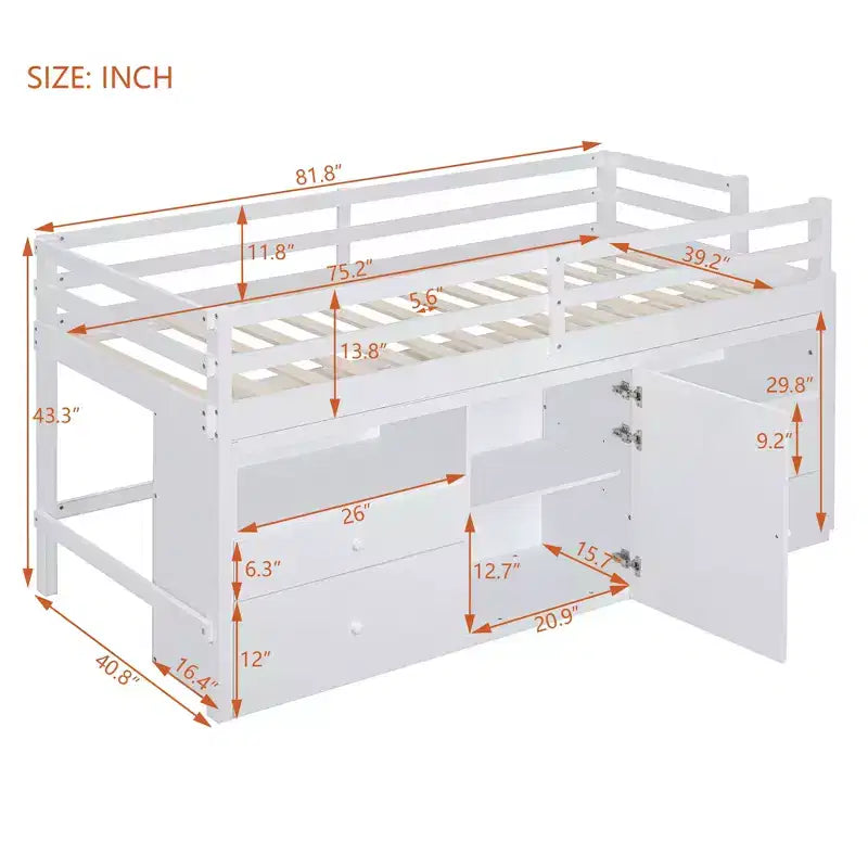 Twin Size Loft Bed with 4 Drawers, Underneath Cabinet & Shelves – 81.8" x 40.8" Modern Design