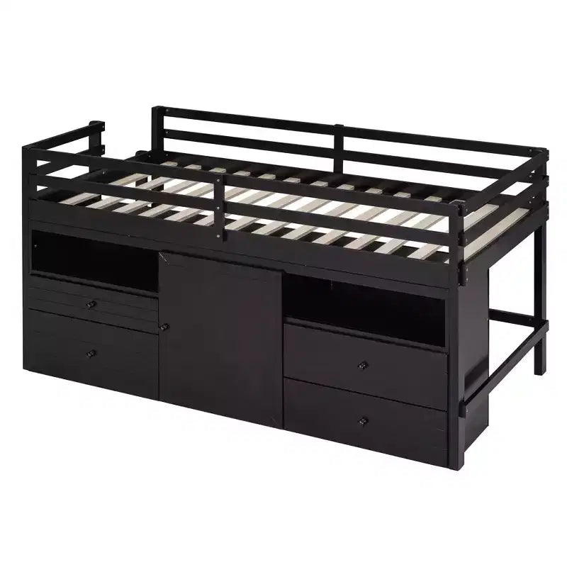 Twin Size Loft Bed with 4 Drawers, Underneath Cabinet & Shelves – 81.8" x 40.8" Modern Design