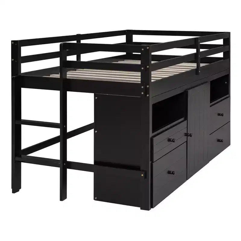 Twin Size Loft Bed with 4 Drawers, Underneath Cabinet & Shelves – 81.8" x 40.8" Modern Design