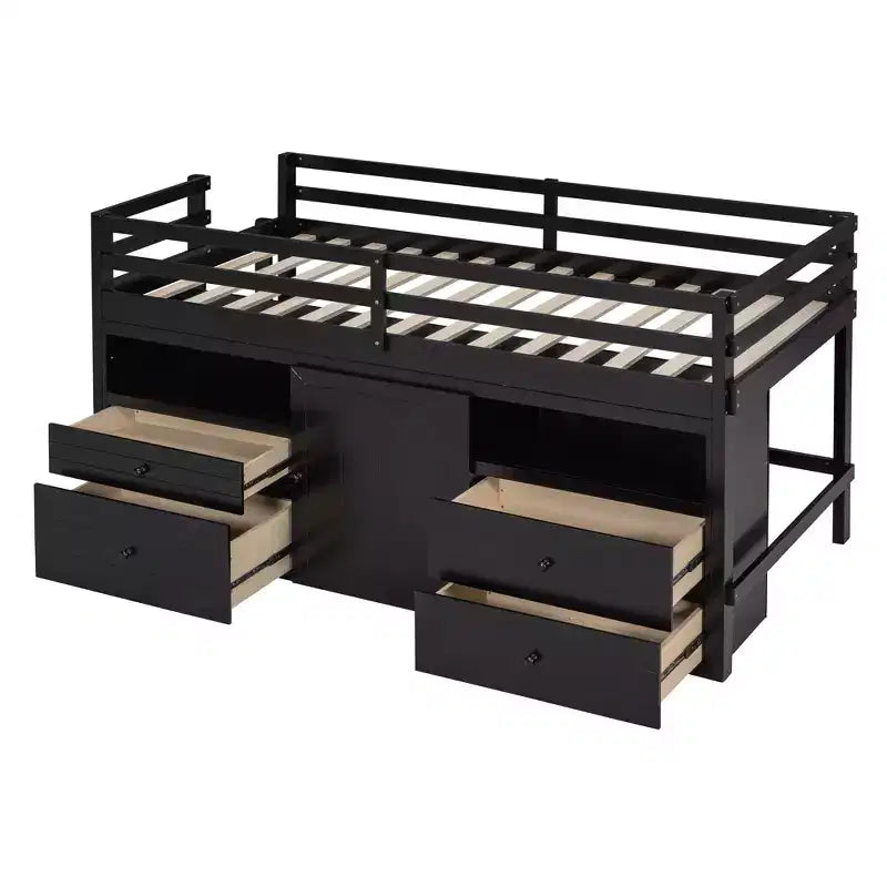 Twin Size Loft Bed with 4 Drawers, Underneath Cabinet & Shelves – 81.8" x 40.8" Modern Design