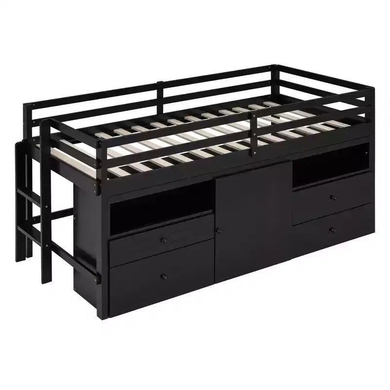 Twin Size Loft Bed with 4 Drawers, Underneath Cabinet & Shelves – 81.8" x 40.8" Modern Design