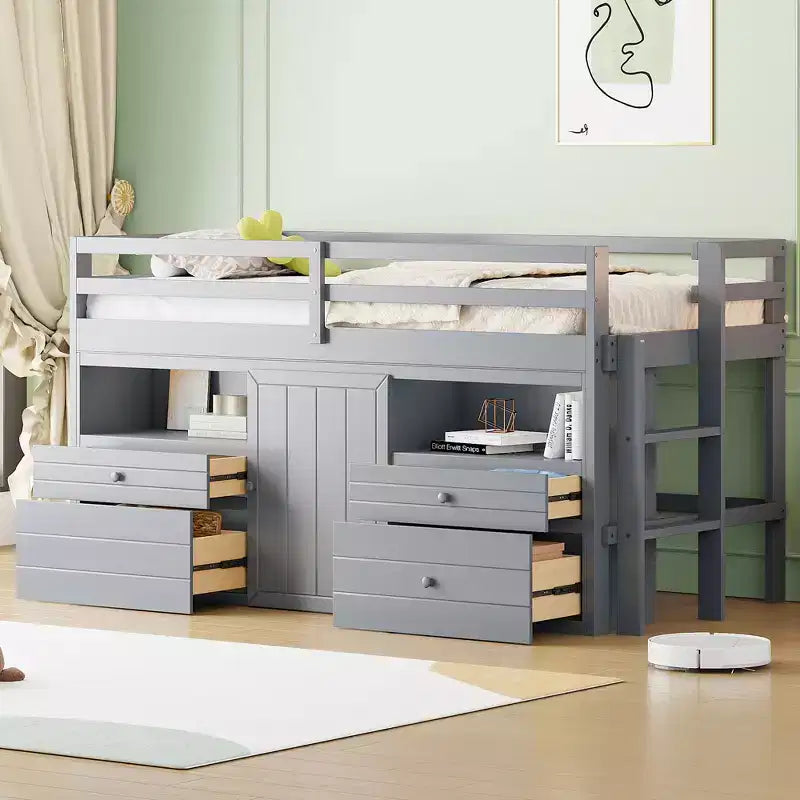 Twin Size Loft Bed with 4 Drawers, Underneath Cabinet & Shelves – 81.8" x 40.8" Modern Design