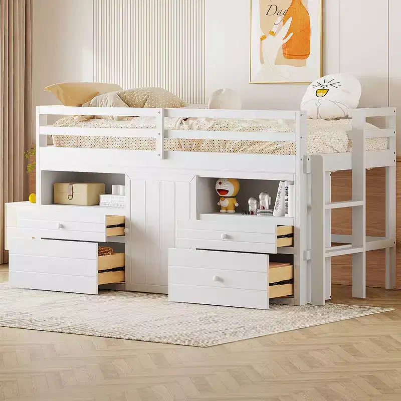 Twin Size Loft Bed with 4 Drawers, Underneath Cabinet & Shelves – 81.8" x 40.8" Modern Design