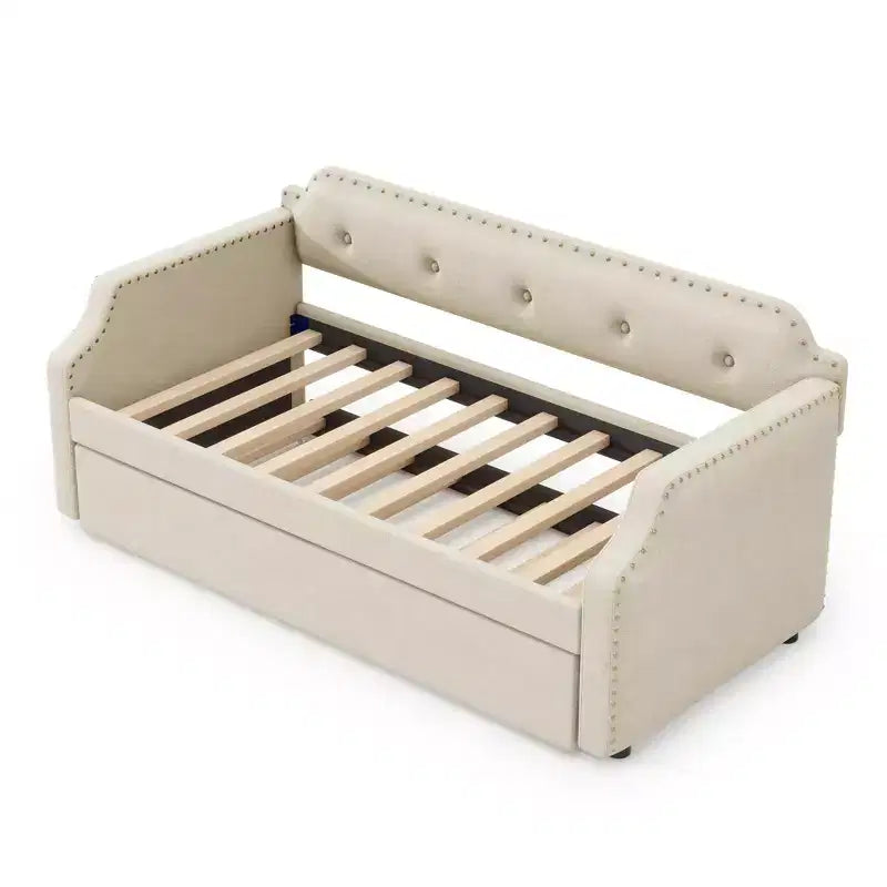 Twin Size Upholstered Daybed with Trundle – Wood Slat Support, Sofa Bed Frame