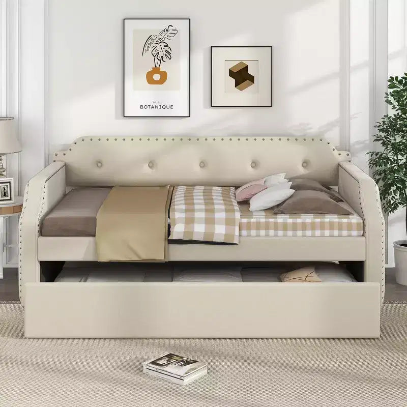 Twin Size Upholstered Daybed with Trundle – Wood Slat Support, Sofa Bed Frame
