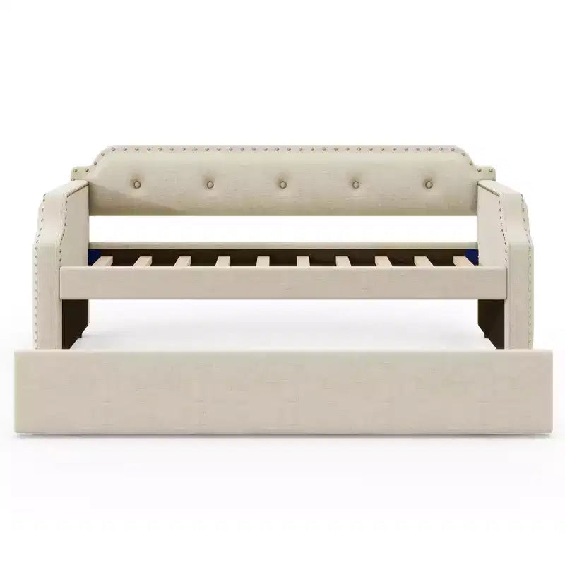 Twin Size Upholstered Daybed with Trundle – Wood Slat Support, Sofa Bed Frame