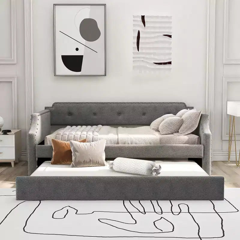 Twin Size Upholstered Daybed with Trundle – Wood Slat Support, Sofa Bed Frame