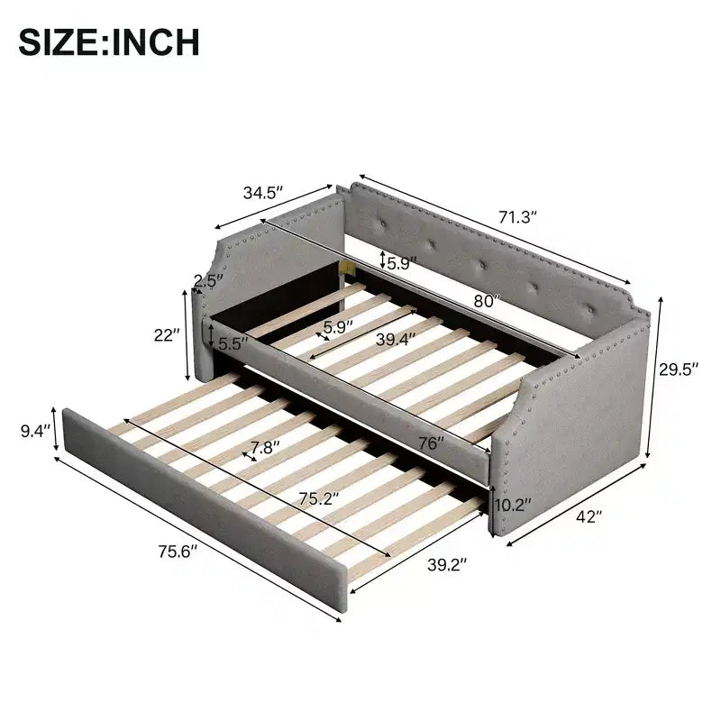 Twin Size Upholstered Daybed with Trundle – Wood Slat Support, Sofa Bed Frame