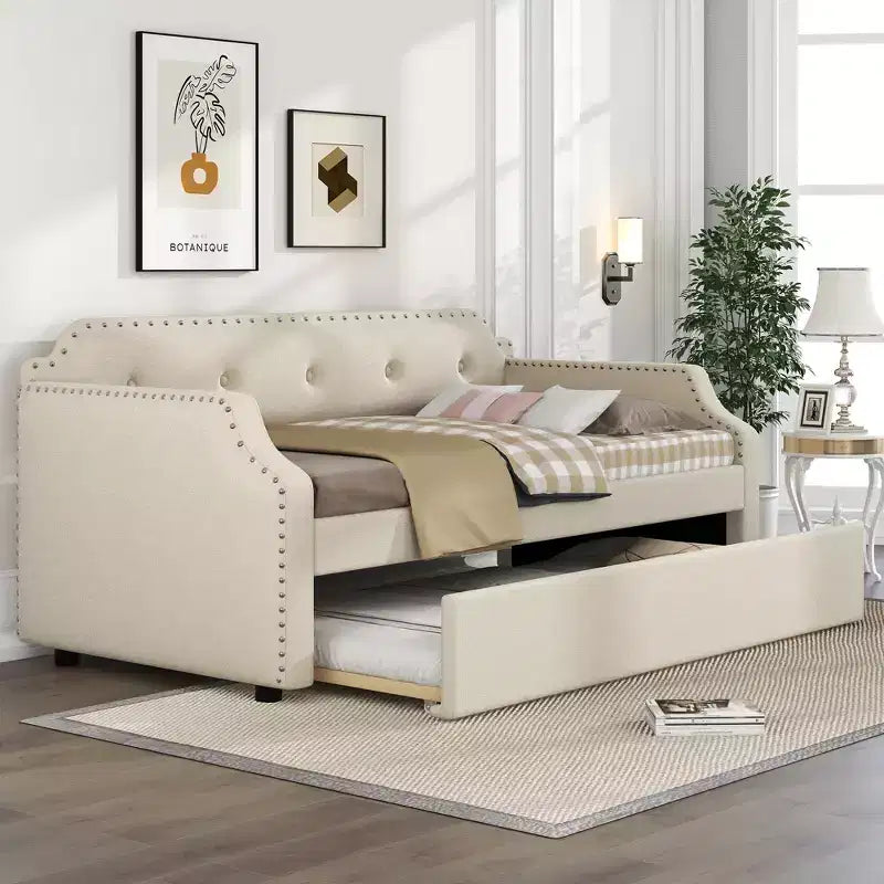 Twin Size Upholstered Daybed with Trundle – Wood Slat Support, Sofa Bed Frame