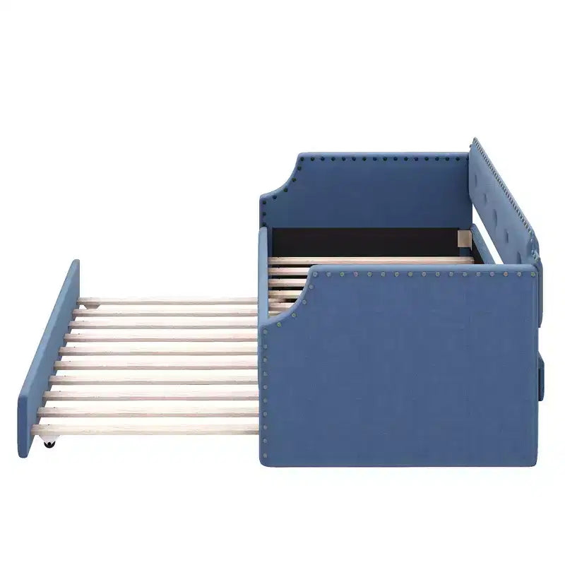 Twin Size Upholstered Daybed with Trundle – Wood Slat Support, Sofa Bed Frame