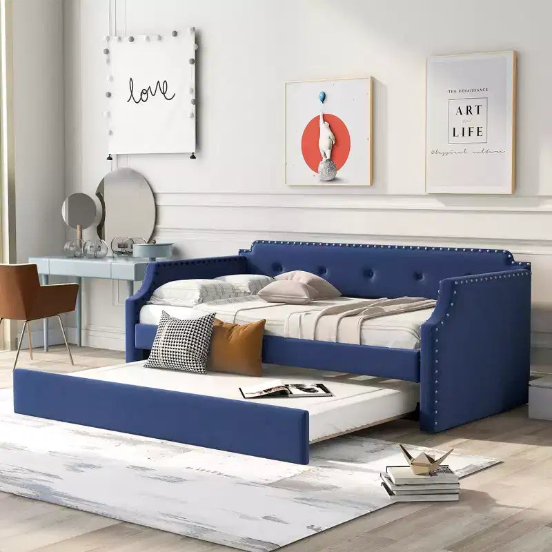 Twin Size Upholstered Daybed with Trundle – Wood Slat Support, Sofa Bed Frame