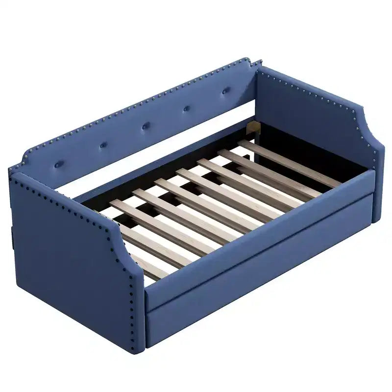 Twin Size Upholstered Daybed with Trundle – Wood Slat Support, Sofa Bed Frame