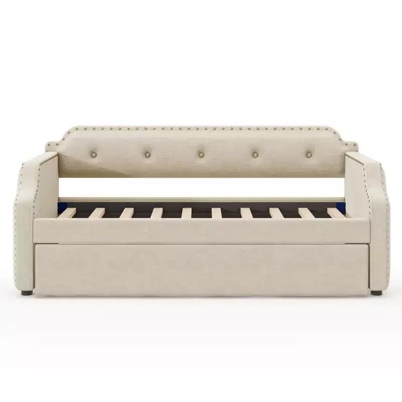 Twin Size Upholstered Daybed with Trundle – Wood Slat Support, Sofa Bed Frame