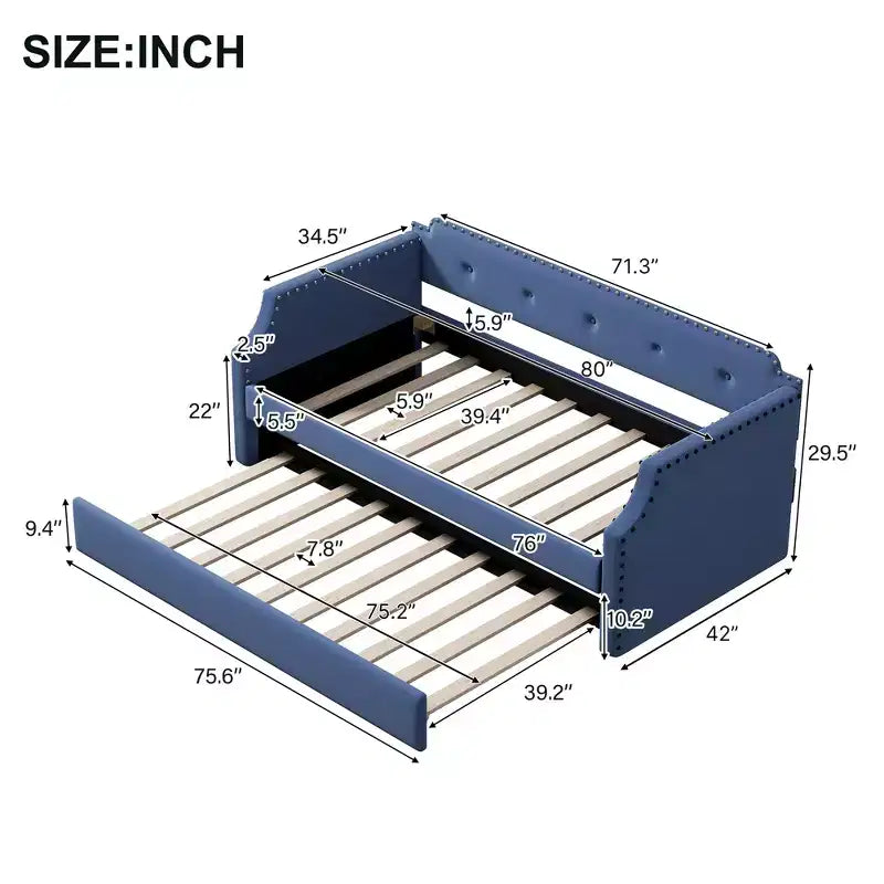 Twin Size Upholstered Daybed with Trundle – Wood Slat Support, Sofa Bed Frame
