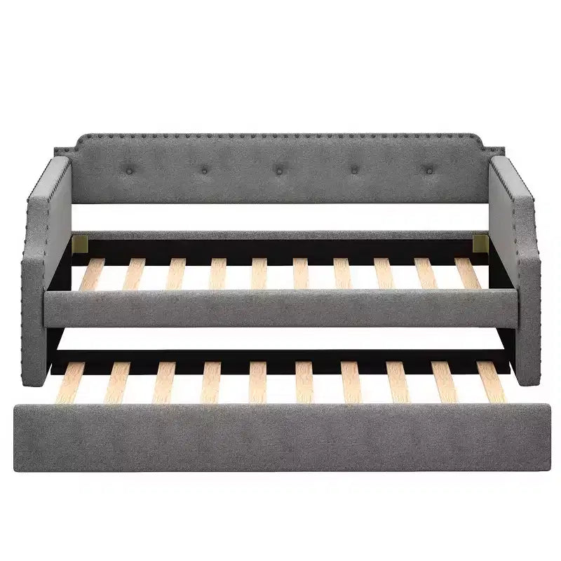 Twin Size Upholstered Daybed with Trundle – Wood Slat Support, Sofa Bed Frame