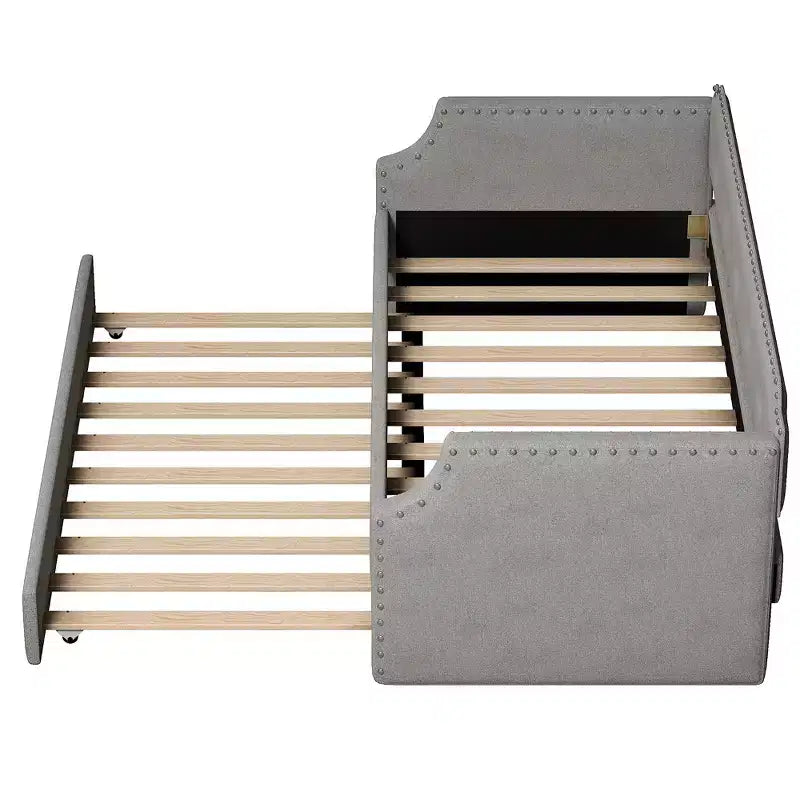 Twin Size Upholstered Daybed with Trundle – Wood Slat Support, Sofa Bed Frame