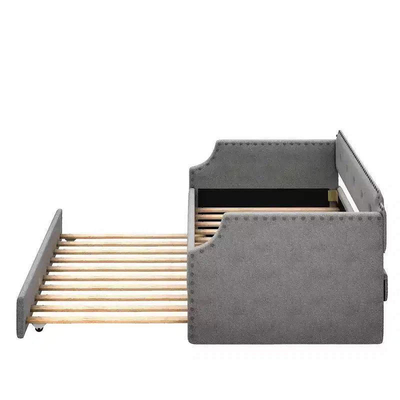 Twin Size Upholstered Daybed with Trundle – Wood Slat Support, Sofa Bed Frame