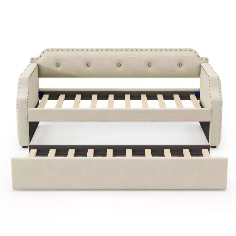 Twin Size Upholstered Daybed with Trundle – Wood Slat Support, Sofa Bed Frame
