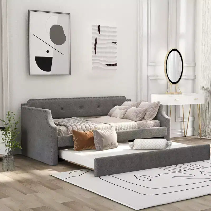 Twin Size Upholstered Daybed with Trundle – Wood Slat Support, Sofa Bed Frame