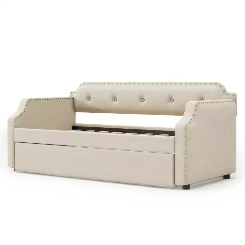 Twin Size Upholstered Daybed with Trundle – Wood Slat Support, Sofa Bed Frame
