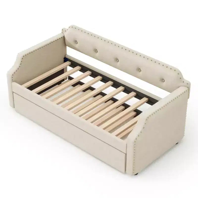 Twin Size Upholstered Daybed with Trundle – Wood Slat Support, Sofa Bed Frame