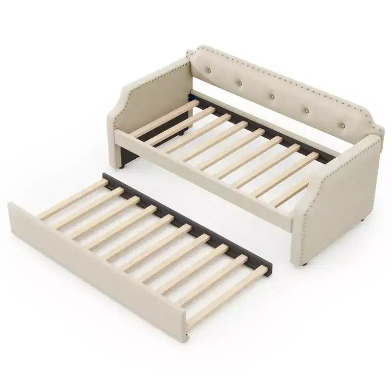Twin Size Upholstered Daybed with Trundle – Wood Slat Support, Sofa Bed Frame