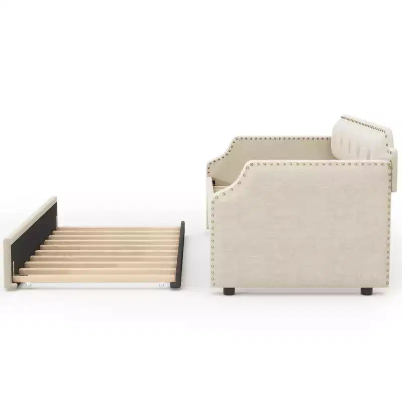 Twin Size Upholstered Daybed with Trundle – Wood Slat Support, Sofa Bed Frame