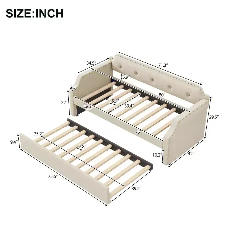 Twin Size Upholstered Daybed with Trundle – Wood Slat Support, Sofa Bed Frame