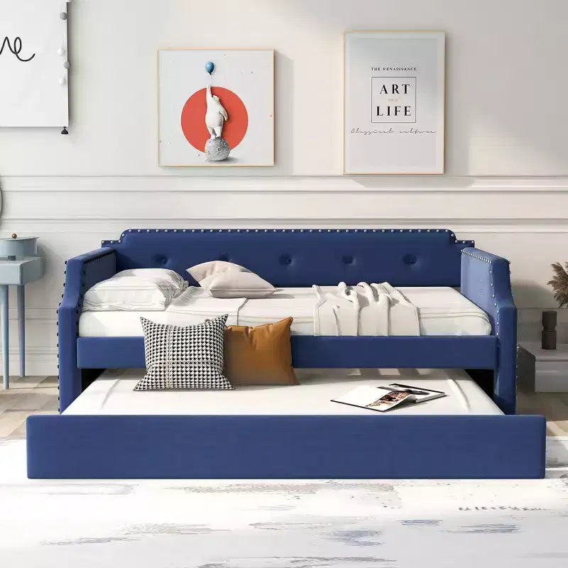 Twin Size Upholstered Daybed with Trundle – Wood Slat Support, Sofa Bed Frame