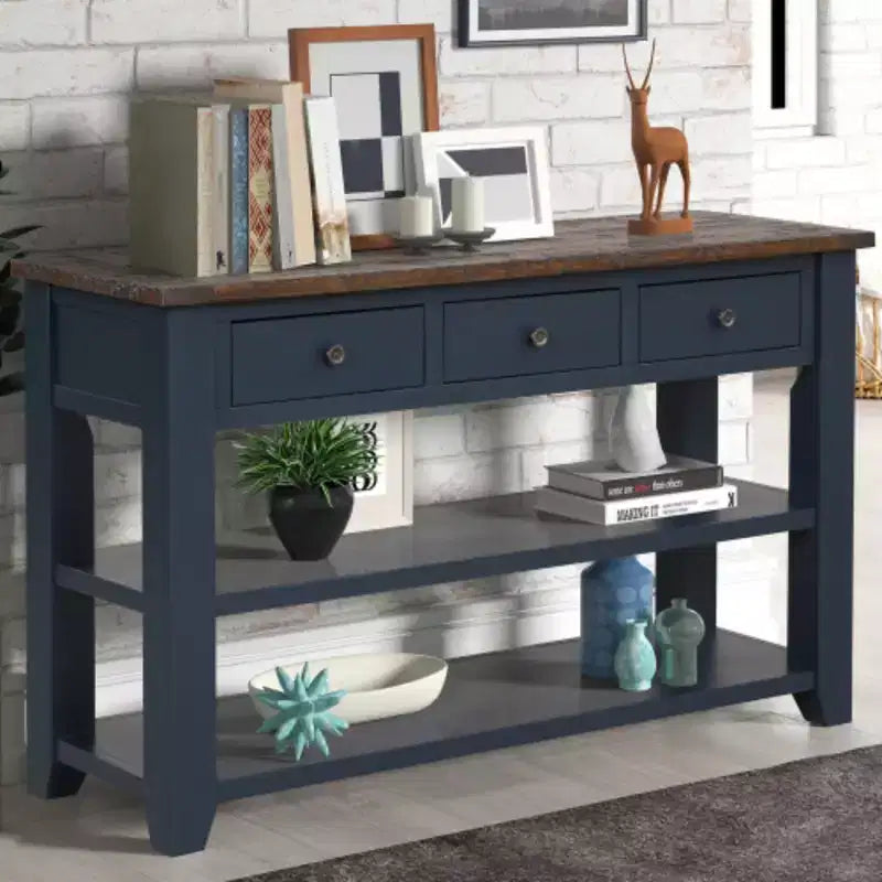 Pine Wood Console Table – 3 Drawers & 2 Shelves, Contemporary Entry & Sofa Table