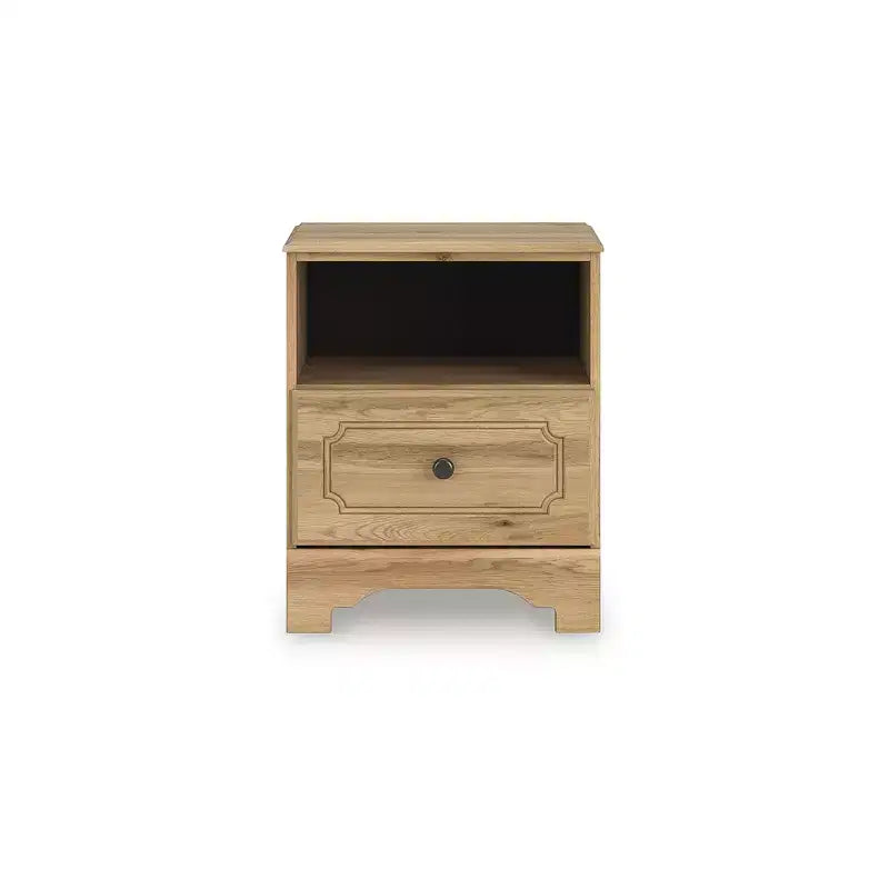 1-Drawer Nightstand – Warm Brown Oak, USB-A & USB-C Charging, Open Shelf Storage