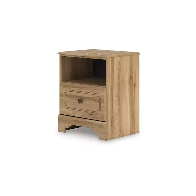1-Drawer Nightstand – Warm Brown Oak, USB-A & USB-C Charging, Open Shelf Storage