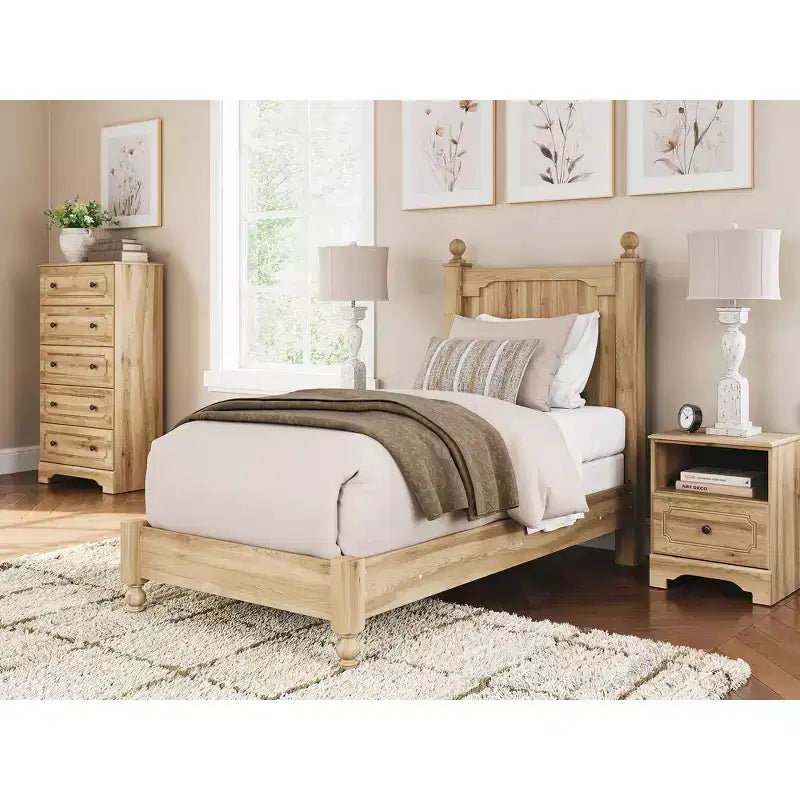 1-Drawer Nightstand – Warm Brown Oak, USB-A & USB-C Charging, Open Shelf Storage