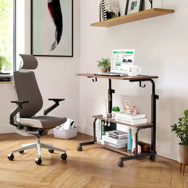 Rolling Height-Adjustable Computer Desk & Laptop Side Table – Charging Station, 2 USB Ports, Brown