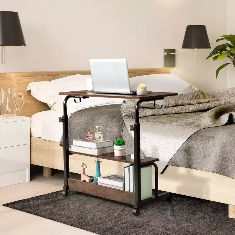 Rolling Height-Adjustable Computer Desk & Laptop Side Table – Charging Station, 2 USB Ports, Brown