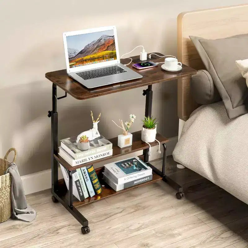 Rolling Height-Adjustable Computer Desk & Laptop Side Table – Charging Station, 2 USB Ports, Brown