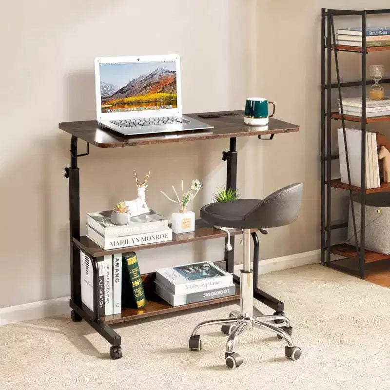 Rolling Height-Adjustable Computer Desk & Laptop Side Table – Charging Station, 2 USB Ports, Brown